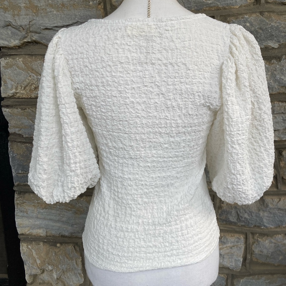 MAUVE x Anthropologie White Balloon-Sleeve Textured Top Cottagecore Resort - Picture 10 of 15
